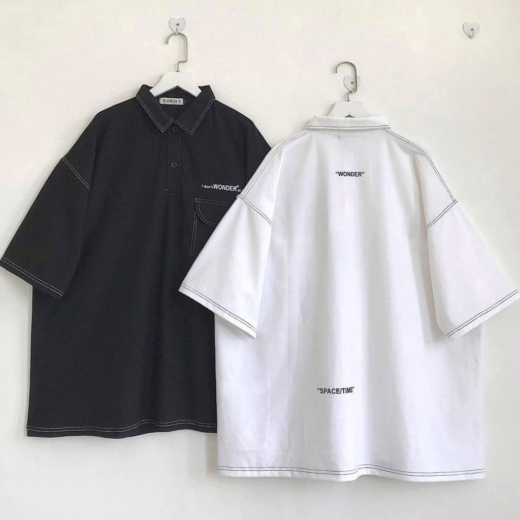 Áo thun polo ngắn tay chỉ nổi unisex form rộng nam/nữ mặc được cực đẹp  (kèm video/ảnh thật)