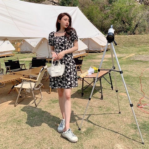 【ZHELIHANGFEI】 / Đầm Hoa Trễ Vai Tay Phồng Dáng Ngắn Form Ôm Thời Trang Cho Nữ