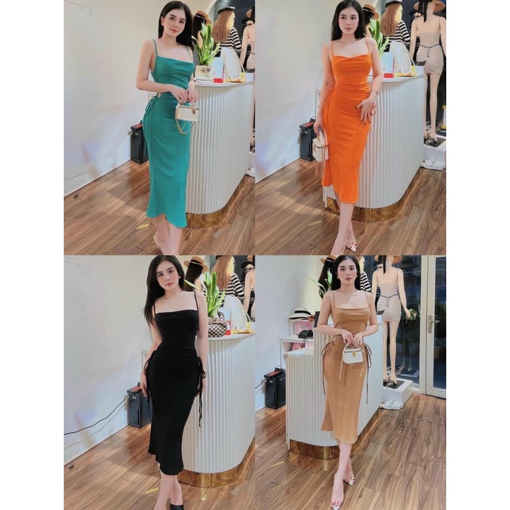 Đầm 2 dây ôm body khoét 2 bên eo rút dây cực xinh , chất thun gân mềm mịn ly