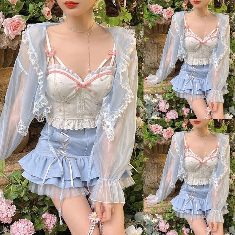 Áo Croptop Hai Dây Phối Ren Lưới In Hoa Thắt Nơ Dành Cho Nữ