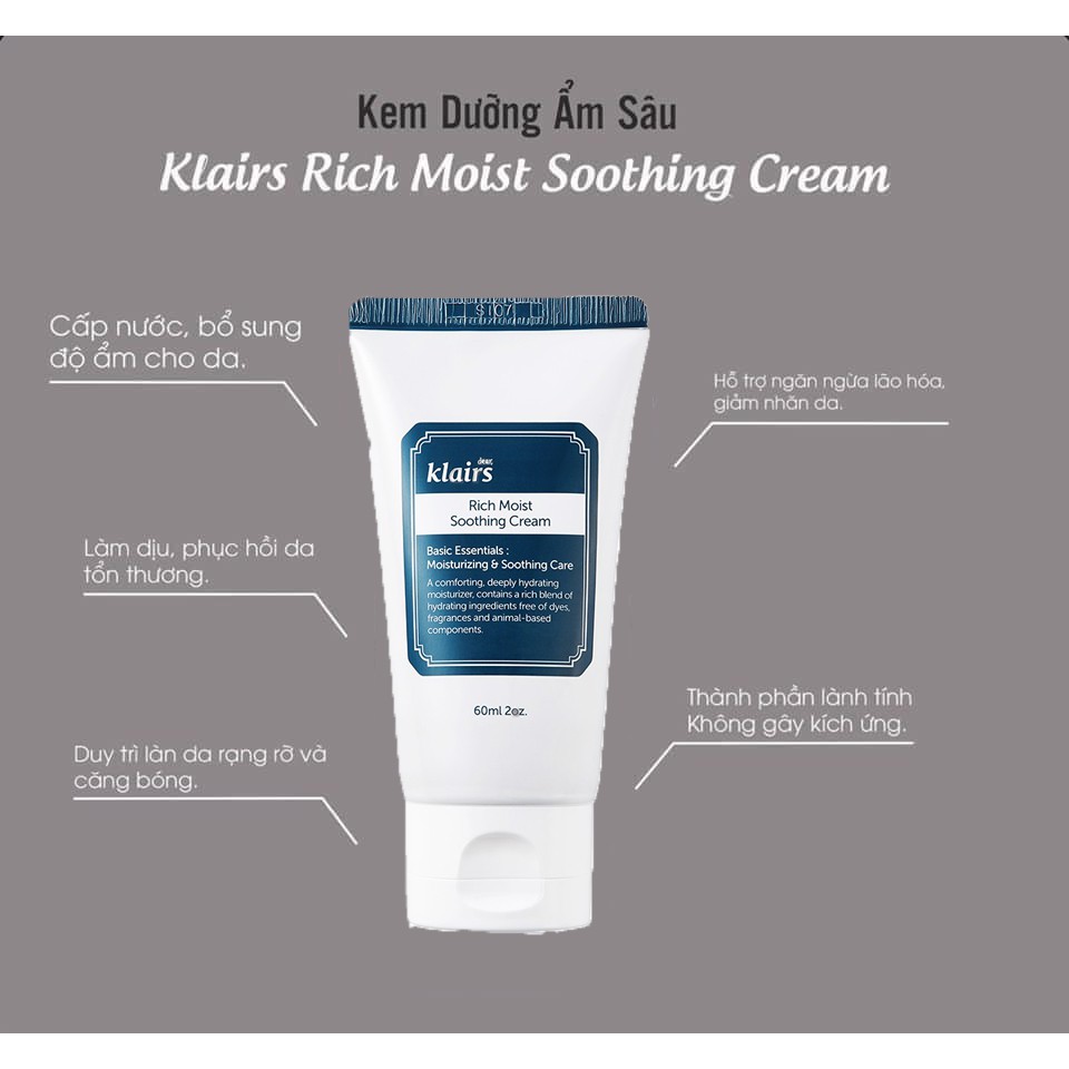 Kem Dưỡng Klairs Rich Moist Soothing dưỡng ẩm chuyên sâu 60ml