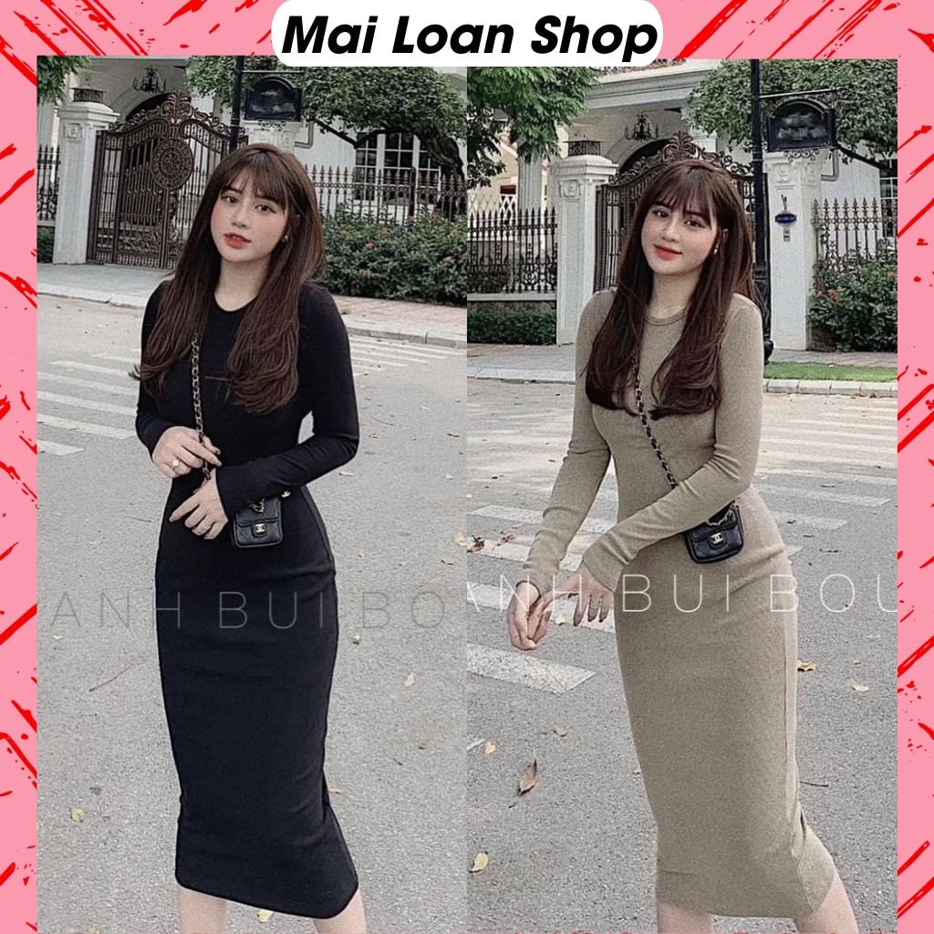 Váy Body Dài Tay Cao Cấp Nữ, Váy Thun Suông Cổ Tròn Phong Cách Hàn Quốc.