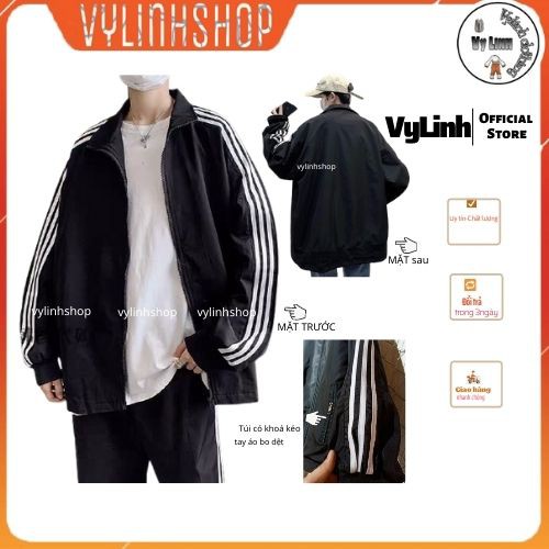 Áo khoác nam VYLINHSHOP Áo khoác bóng chày dáng rộng thể thao dài tay 3 sọc unisex màu đen