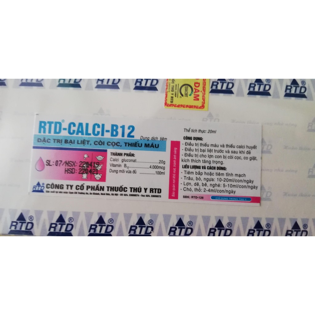 1 lọ RTD - CALCI - B12 loại 20 ml DÙNG CHO CÒI CỌC THIẾU MÁU Chó mèo, gia súc, gia cầm