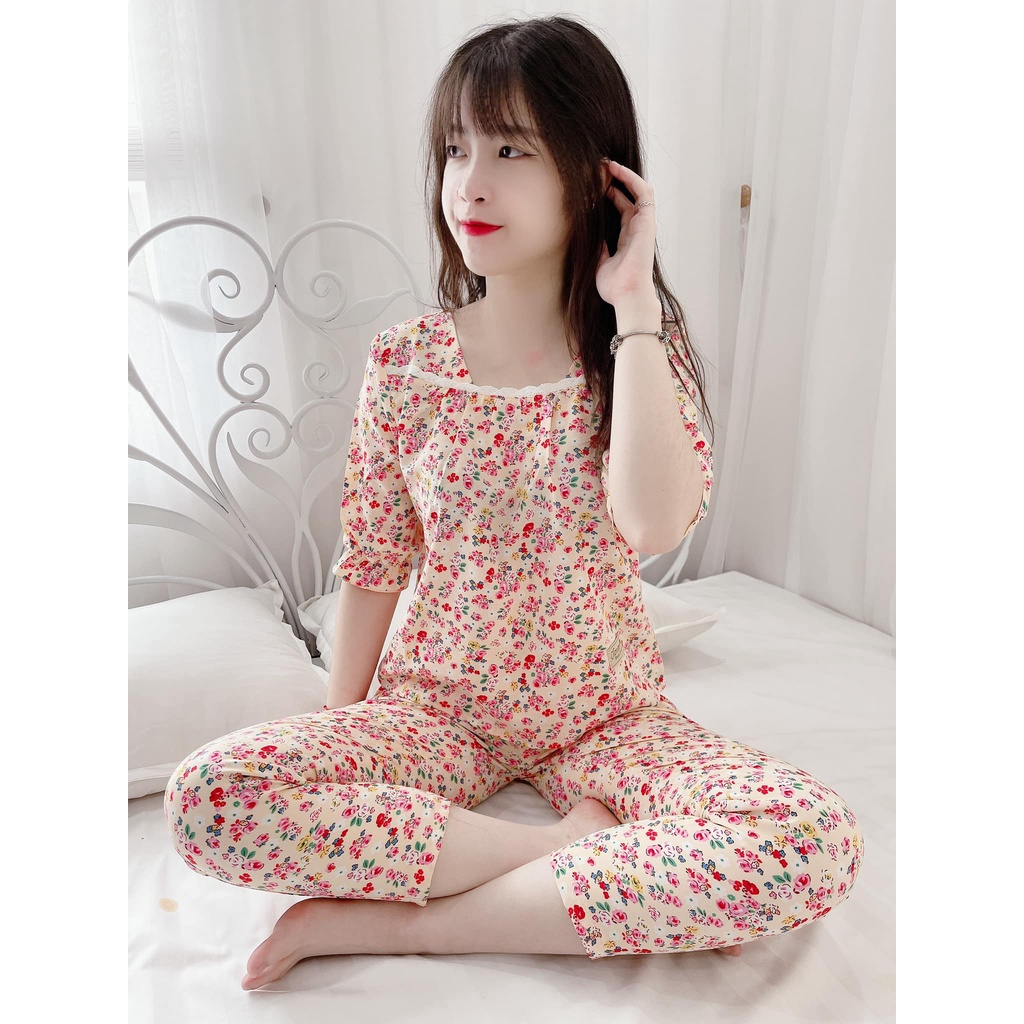 Đồ Ngủ Nữ Bộ Pijama tay lửng - chất lụa hàn Cao Cấp Mặc Nhà Họa Tiết Đẹp Mềm Mịn Không nhăn