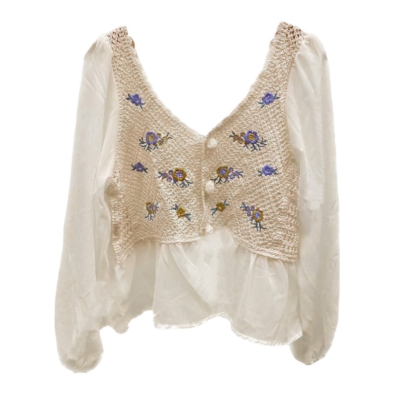 Brroa Áo Sơ Mi Tay Phồng Thêu Hoa Cài Nút Phía Trước Thời Trang Mùa Xuân Cho