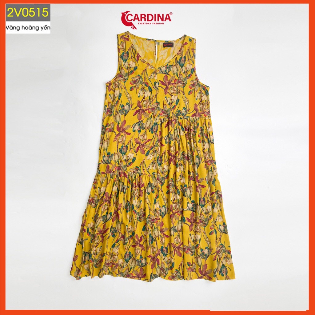 Đầm nữ mùa hè CARDINA cao cấp sát nách chất lanh nhung  họa tiết hoa kiểu dáng baby doll lệch tầng 2V05