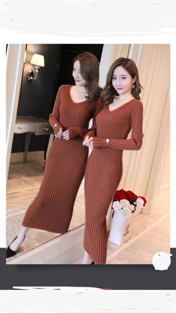 (Order) #váy #đầm len body dài cổ tim Cao Cấp