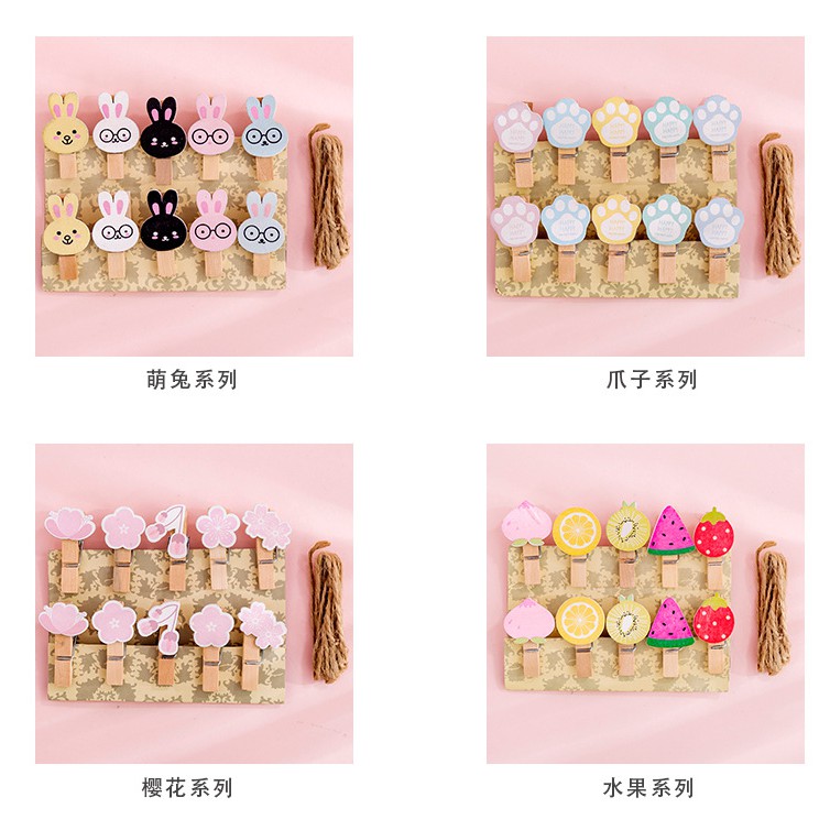 [LOẠI 1]1 Set 10 cái kẹp gỗ trang trí design decor ( kèm sẵn dây cói ) - nhiều mẫu ngựa,hạc,dứa,hoa quả,kem...