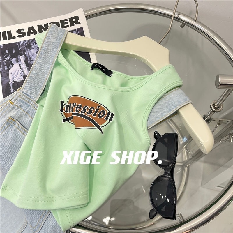 Áo Không Tay Cổ Chữ U Họa Tiết Chữ Màu Sắc Tương Phản Thời Trang Mùa Hè Cho Nữ