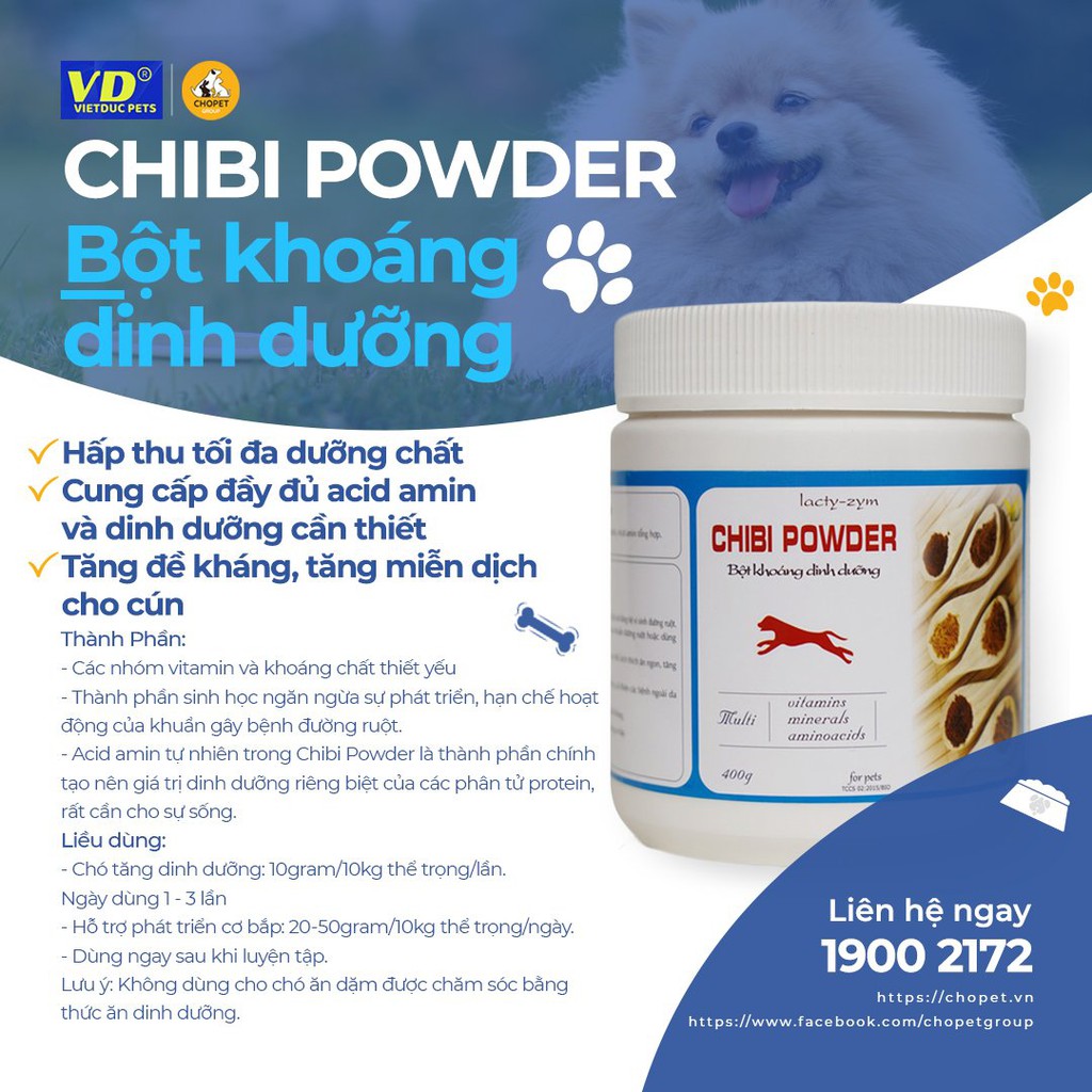 Chibi Powder bột khoáng dinh dưỡng hỗ trợ hệ tiêu hóa cho chó,mèo. Bổ sung axit amin, tăng cơ chắc khỏe