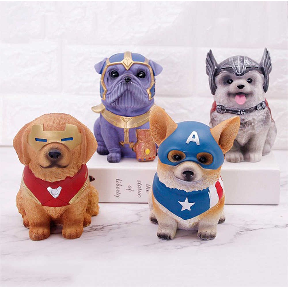 Mô hình chó con siêu anh hùng Thor, Captain America, Iron Man, Thanos - hòm tiết kiệm
