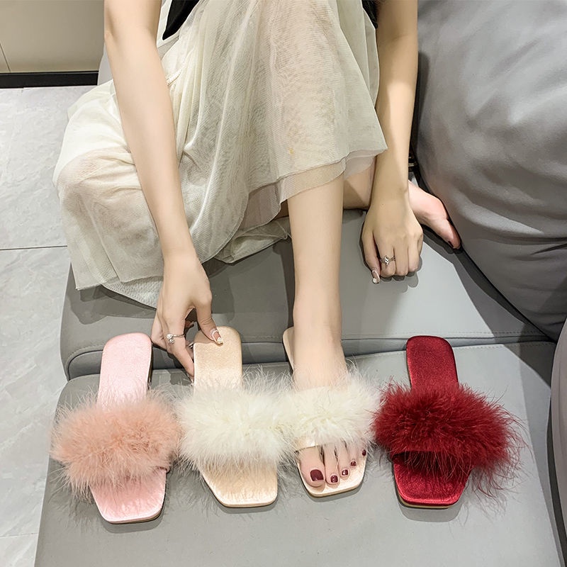 [Aishang Trang Sức Đẹp Mắt] Dép Đi Trong Nhà Đính Lông Vũ Màu Đỏ Bằng Satin Kiểu Mới Thời Trang Xuân Hè 2022 Phù Dâu / Làm Quà Cưới / Làm Quà Lưu Niệm Cho