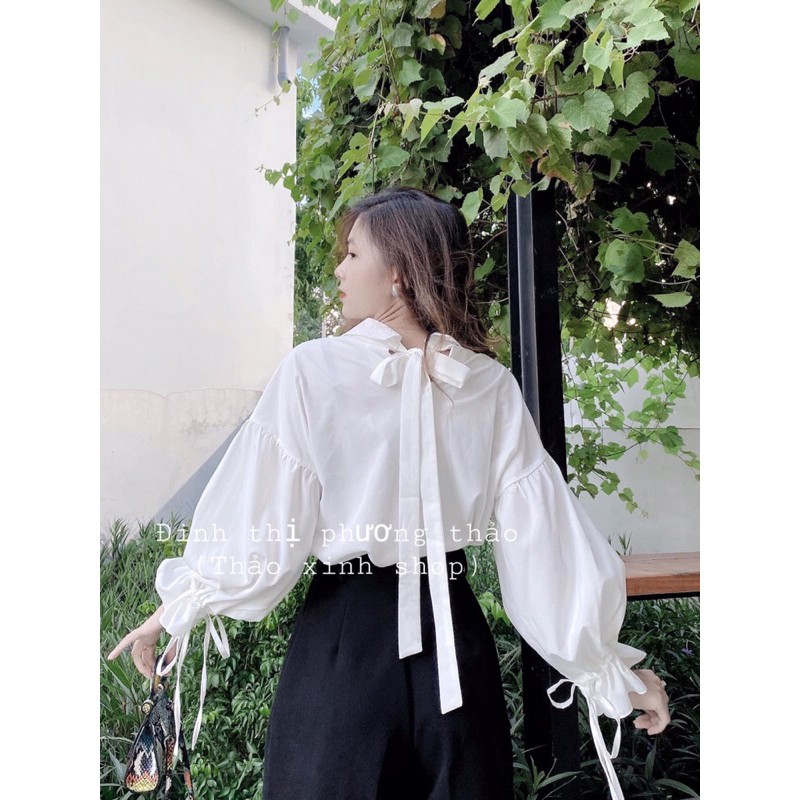 áo sơmi trắng form rộng tay phồng rút dây thắt nơ cổ (ảnh thật) | BigBuy360 - bigbuy360.vn