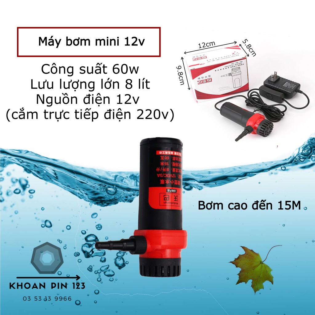 Máy bơm nước mini 12v 15M 60W dùng cho máy cắt rãnh tường, thay nước bể cá (màu đỏ)