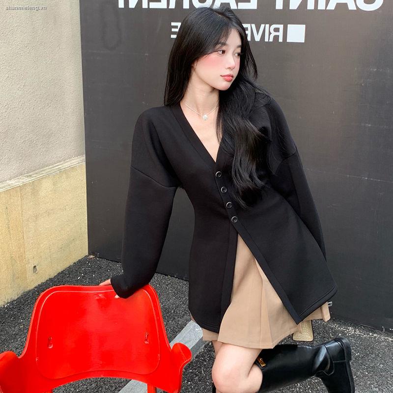 Áo khoác cardigan cổ chữ v / Chân váy xếp ly kiểu Pháp mùa xuân thu duyên dáng cho nữ 2021