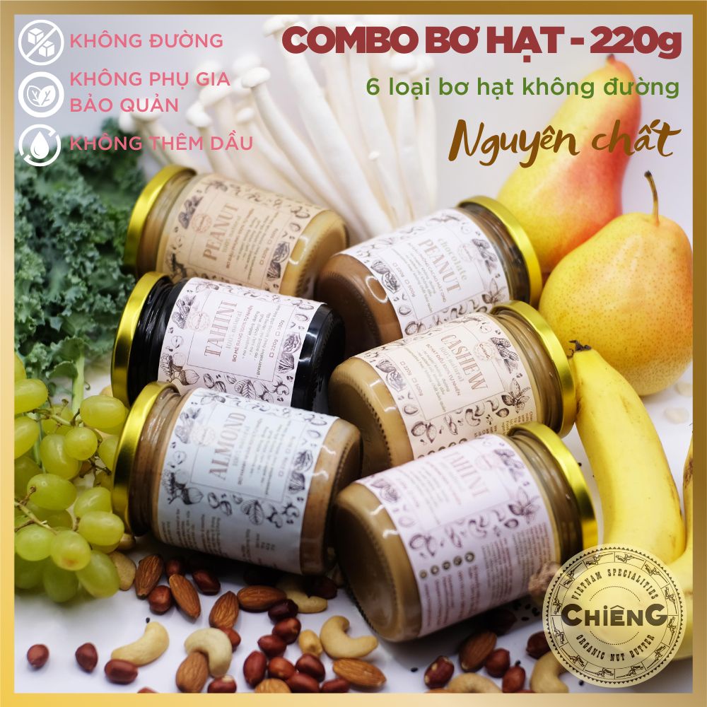 Combo 5 - 1 Bơ đậu phộng + 1 Bơ đậu cacao mật ong + 1 Bơ mè + 1 Bơ điều + 1 Bơ hạnh nhân - 220g/500g