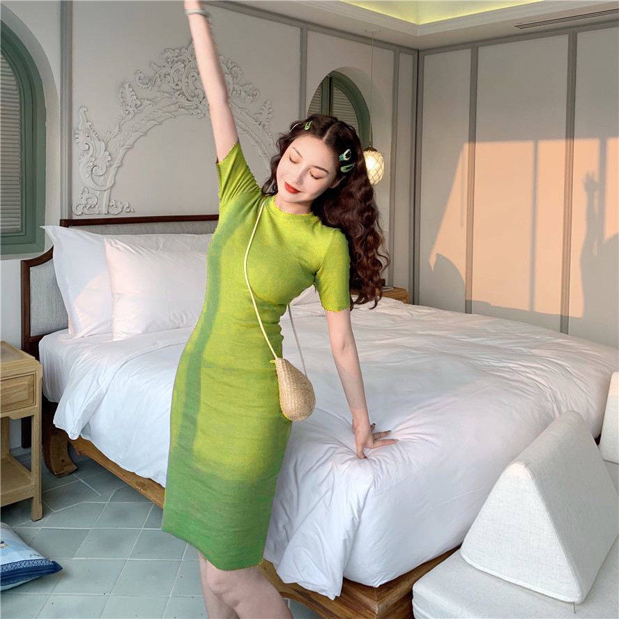 Đầm Tay Ngắn Dáng Ôm Vải Lụa Lạnh Quyến Rũ Thời Trang Mùa Hè Dành Cho Nữ 2021