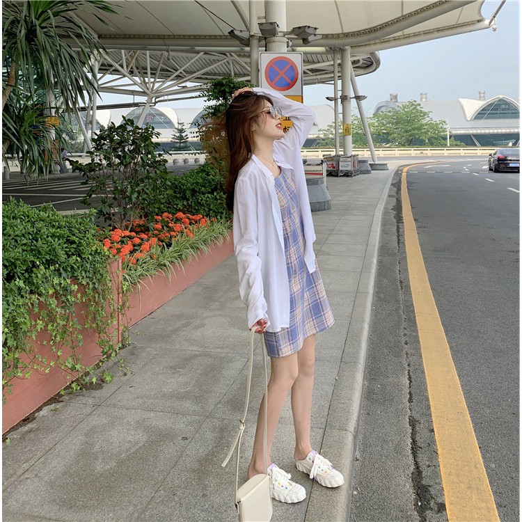 Đầm Búp Bê Tay Ngắn Họa Tiết Caro Phối Hoa Đáng Yêu Cho Nữ