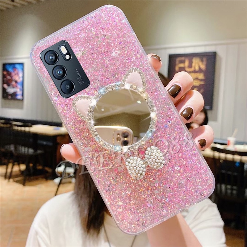 Ốp Điện Thoại Lấp Lánh Gắn Kèm Gương Trang Điểm Hình Tai Mèo Cho OPPO Reno6 Z 5G Reno 5 5F 6 Pro A16 A54 A74 A93 A15S A15 A53 Reno6Z