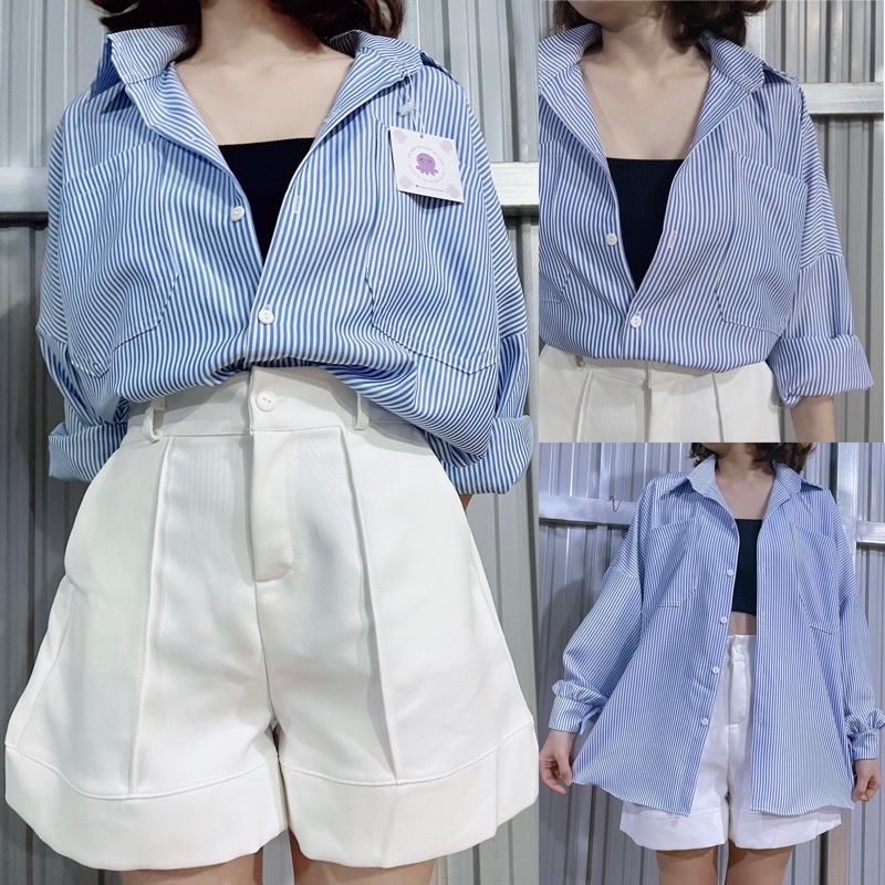 Set áo sơ mi sọc kèm quần short có size