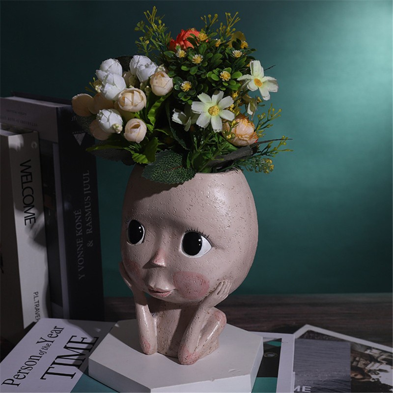 pur/ Face Vase Decoration Big Eyes Doll Resin Flowerpot Figure Sculpture Crafts Stora