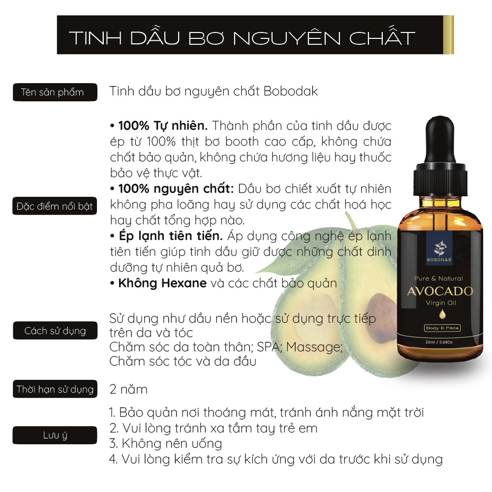 Tinh dầu bơ nguyên chất ÉP LẠNH 10ml Bobodak chất lượng cao chính hãng