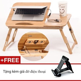 Bàn laptop Gỗ tre có 2 quạt tản nhiệt, ngăn kéo tiện lợi +Giá điện thoại
