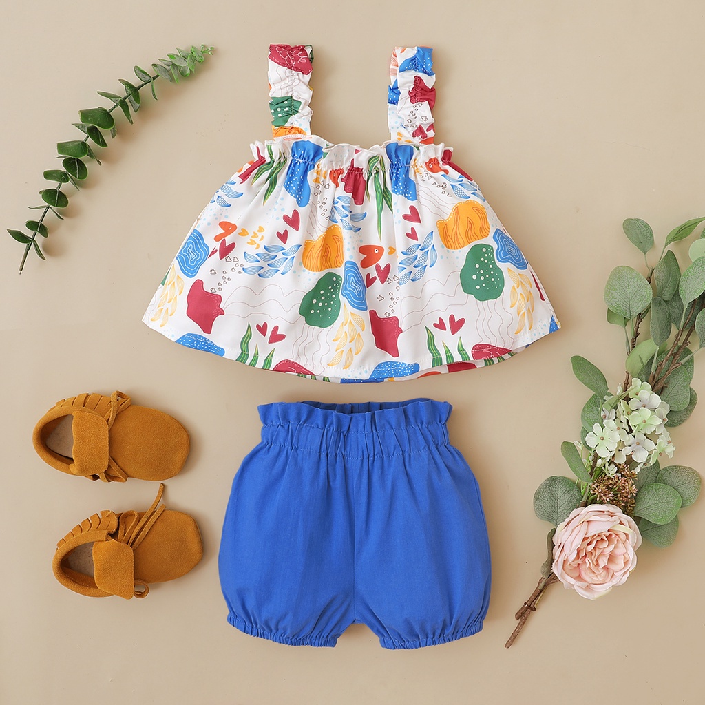Set đồ Mikrdoo gồm áo 2 dây in hoa + quần short thời trang hè đơn giản cho bé gái 1-6 tuổi