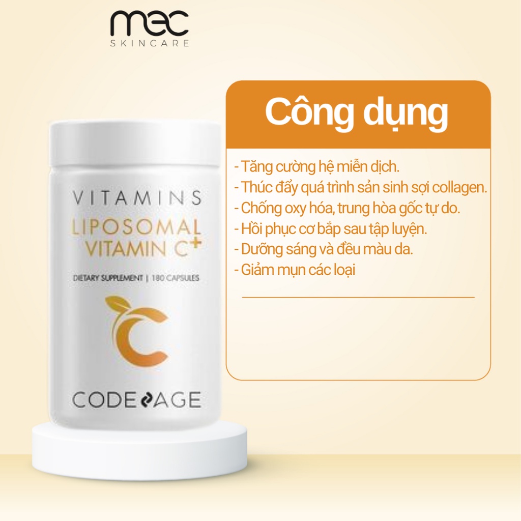 Viên uống trị mụn, chống oxy hóa, tăng cường miễn dịch Codeage Liposomal Vitamin C 180v (R) (HSD: 11/24)