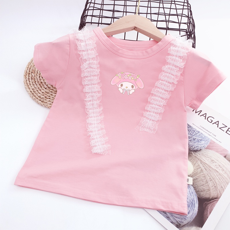 Áo Thun Cotton Cổ Tròn Phối Ren Họa Tiết Hoạt Hình StellaLou Nhiều Màu Sắc Dành Cho Nữ