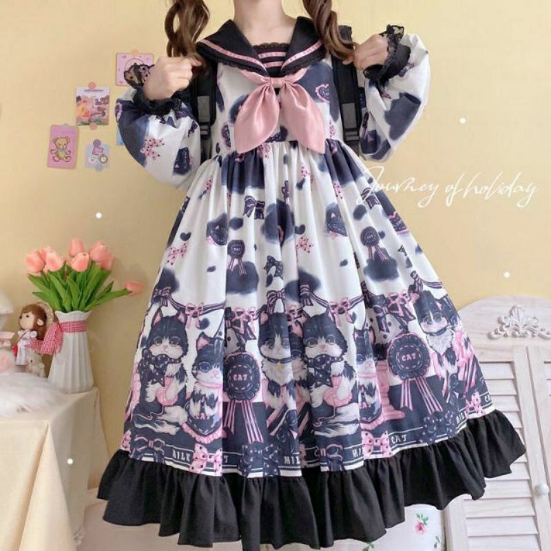 Đầm Lolita Hoạ Tiết Mèo Bò Sữa