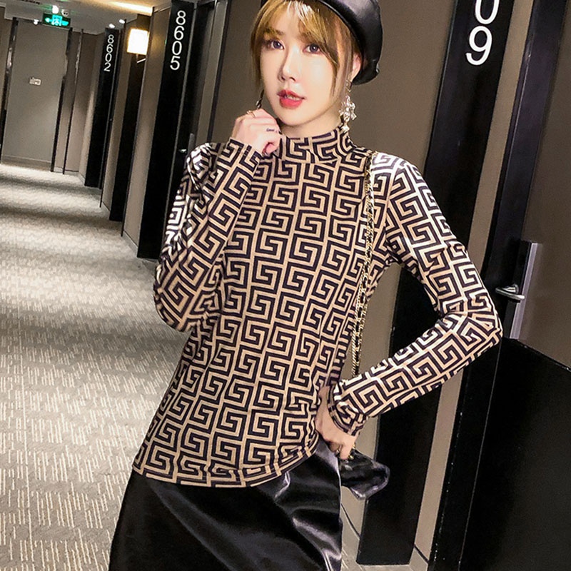 Áo Thun Dài Tay Ôm Dáng Họa Tiết Da Báo Cổ Cao Xinh Xắn Phong Cách Hàn Quốc