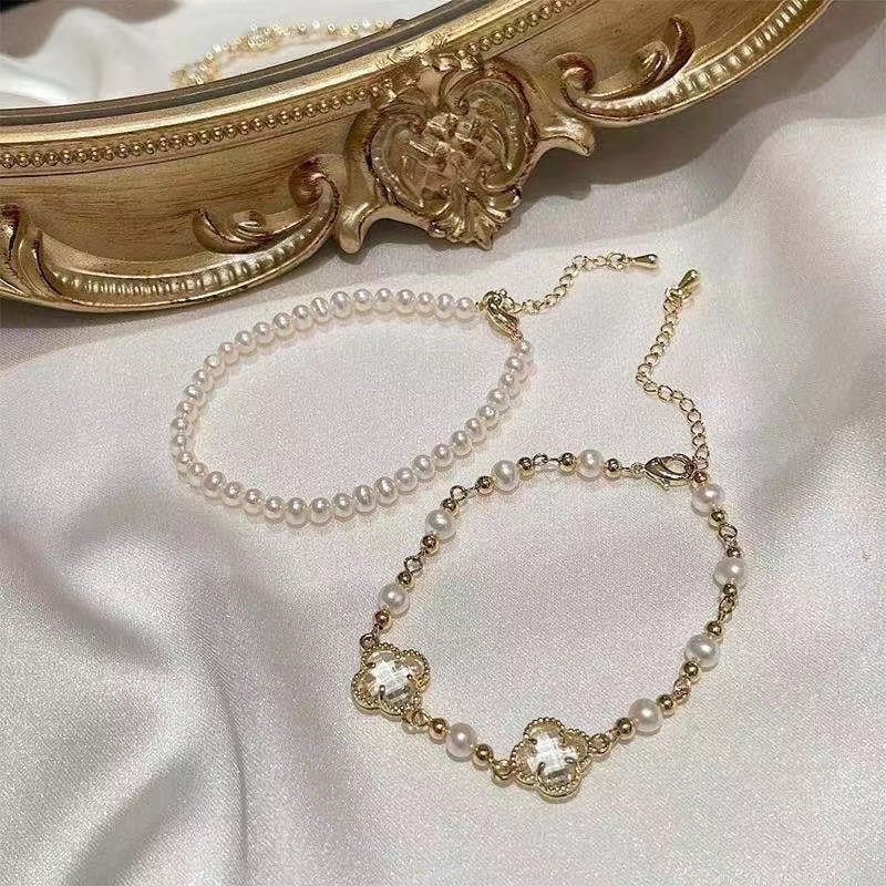 Vòng Đeo Tay Hai Lớp Bốn Lá Cỏ Bốn Lá Đính Ngọc Trai Phong Cách Nhật Bản Cổ Điển Thanh Lịch Đơn Giản