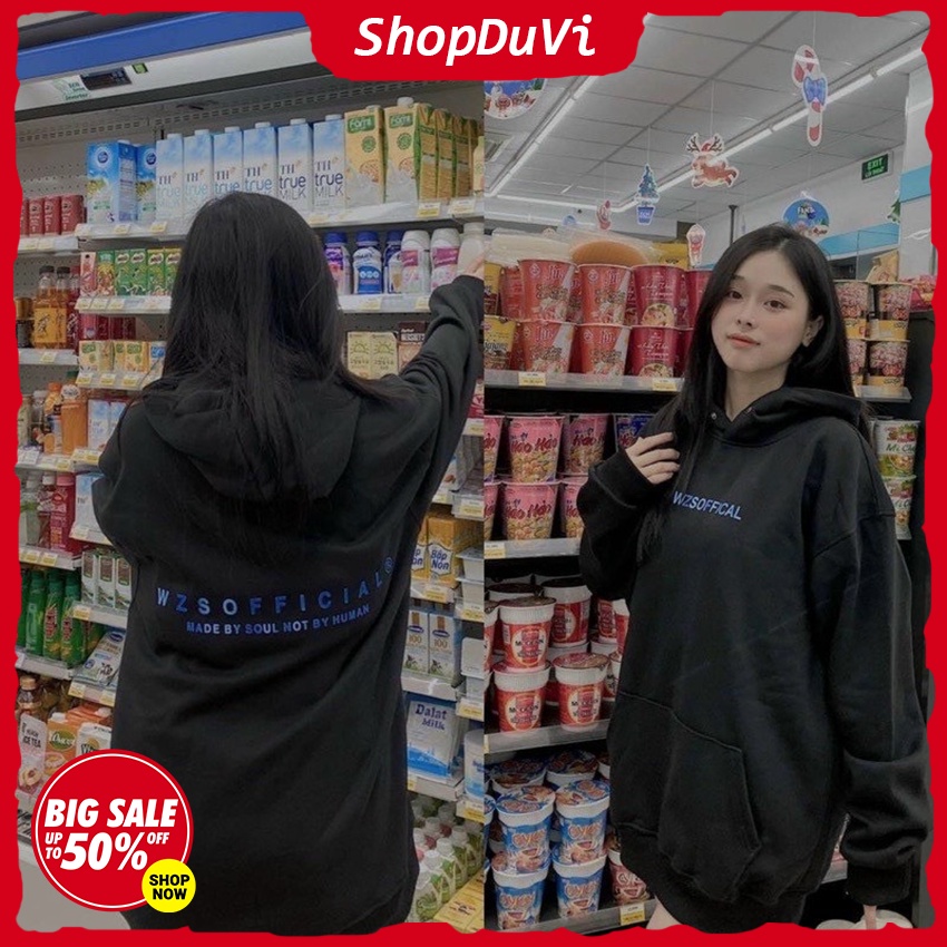 Áo Hoddie Nam Nữ Chất Nỉ Bông 2 Lớp Mền Mịn In Chữ WZS 2 Màu Trắng Đen