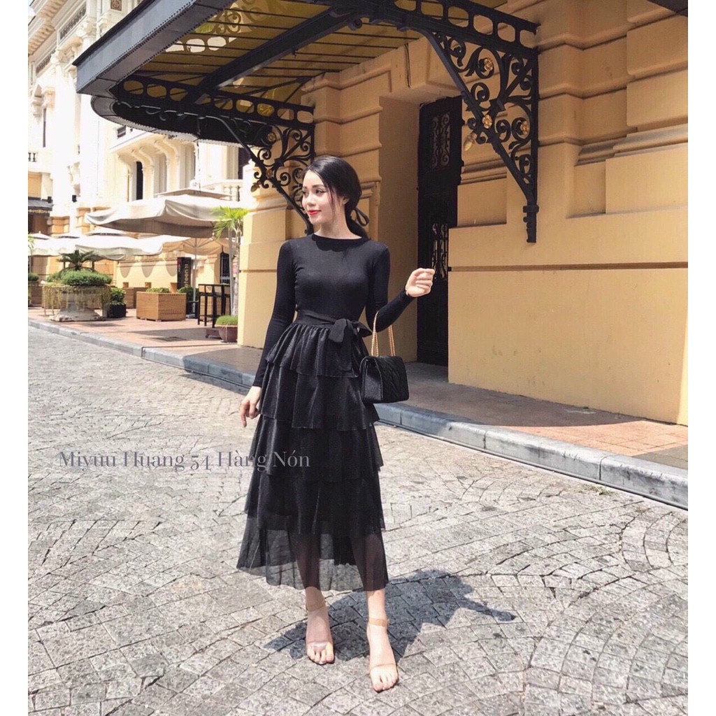chân váy voan tầng buộc nơ