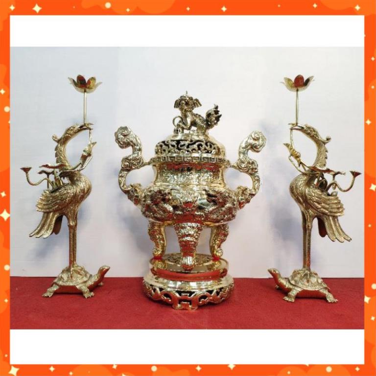 Bộ Đỉnh Thờ Lư Thờ Đồng Ngũ Sự Song Long Chầu Nguyệt cao 50cm chất liệu đồng nguyên chất đúc liền cao cấp