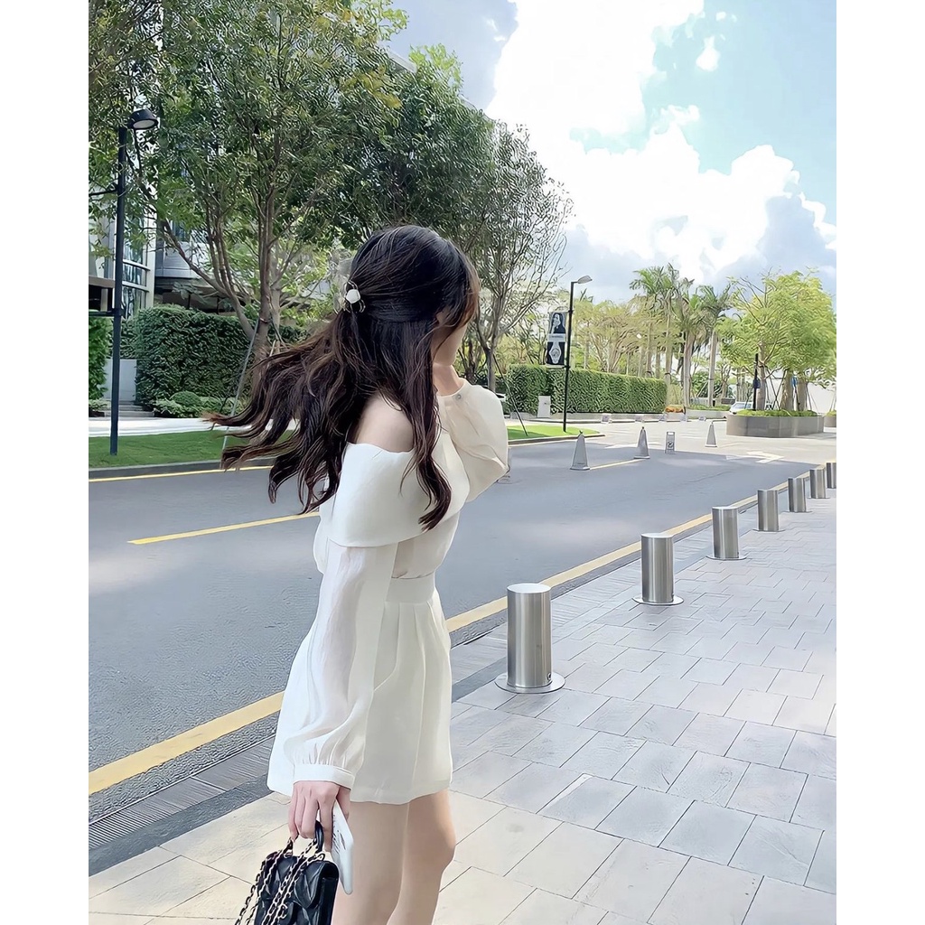 SET TƠ TRỄ VAI TIỂU THƯ doubleh.clo - Set áo tơ voan trễ vai 2 lớp kèm quần short cạp chun co giãn ulzzang Hàn Quốc 6980