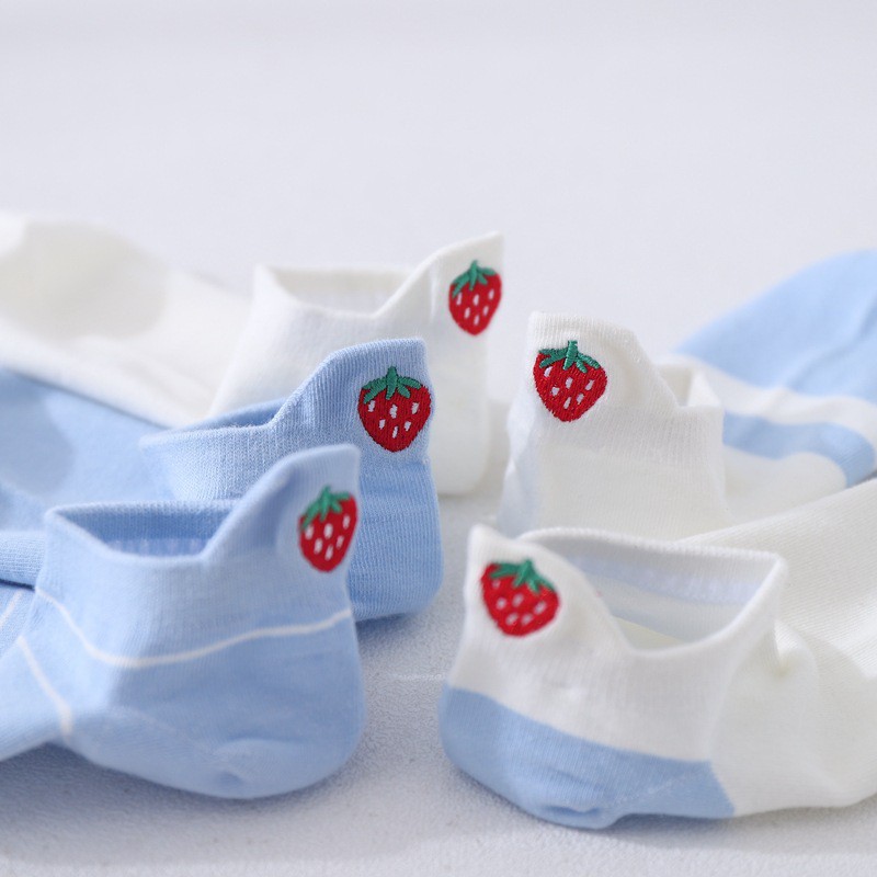 WAFNHA D269 Vớ Cotton Cổ Thấp Thêu Hình Dâu Tây/Hoạt Hình Dễ Thương Màu Xanh Dương Nhạt Thời Trang