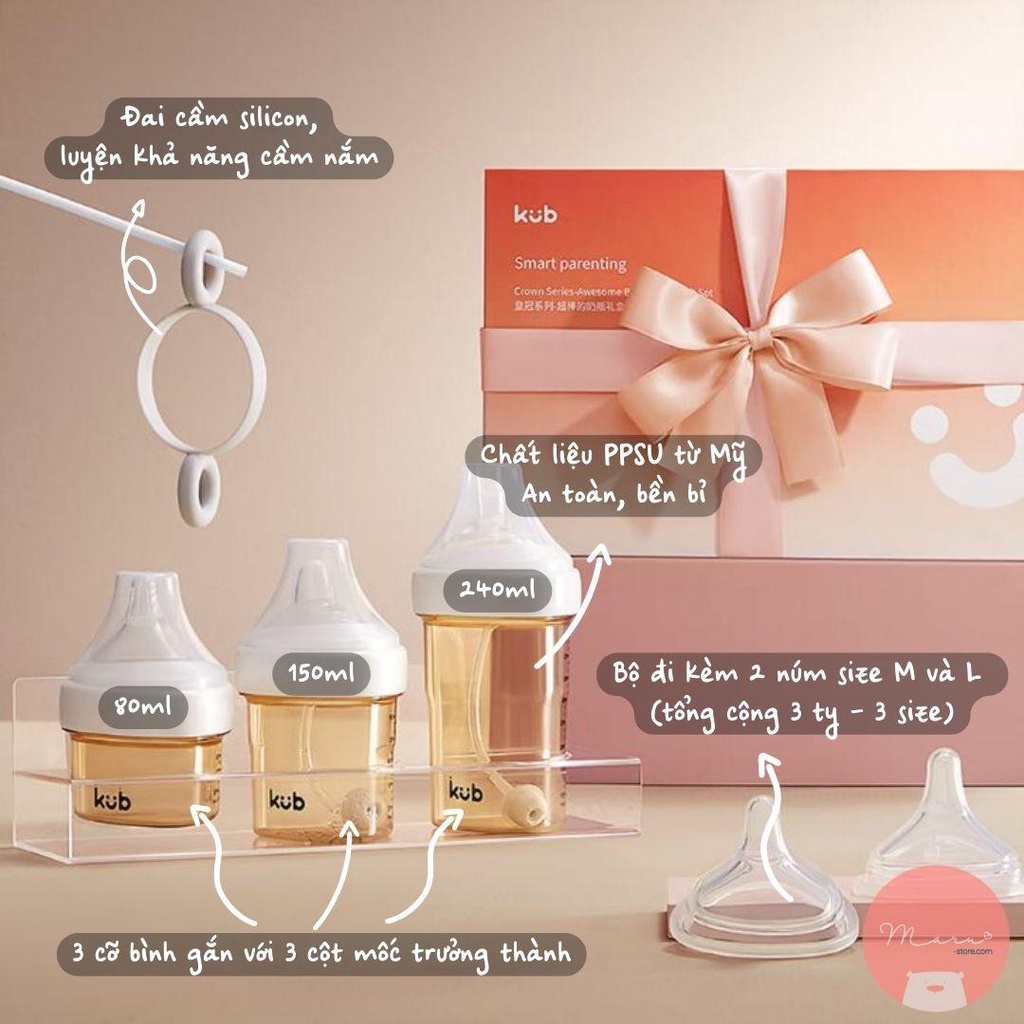 [Kèm hộp quà tặng] Bộ bình sữa, bình nước nhựa PPSU 80-240ml của KUB cho bé từ 0 - 36th