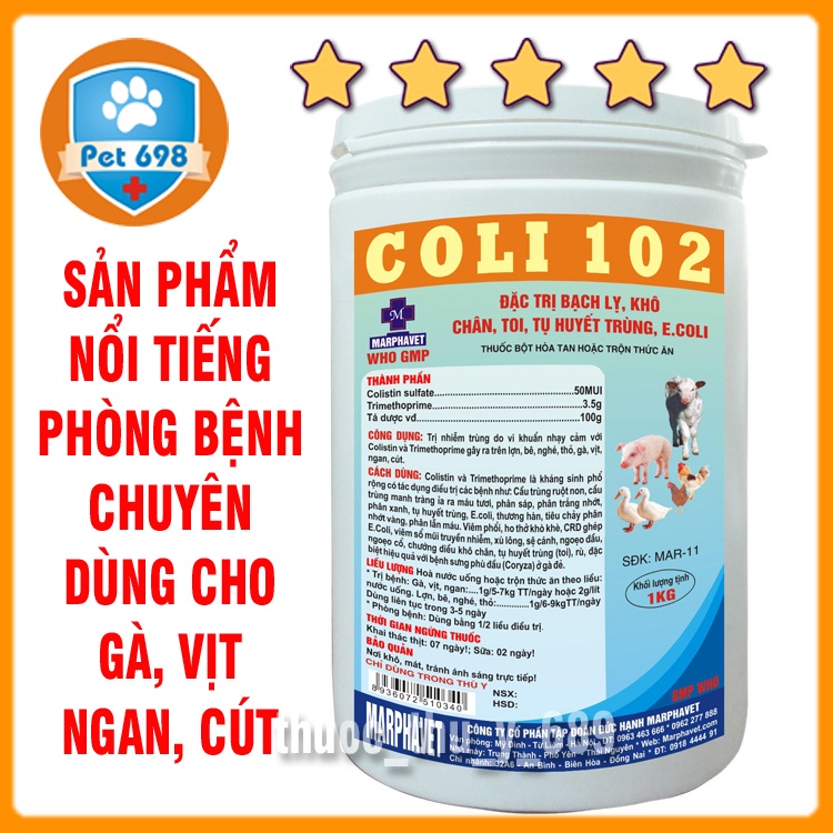 Gói 100g Coli102 - MARPHAVET sản phẩm NỔI TIẾNG hòa nước uống phòng bệnh đường tiêu hóa chó, mèo PET-698