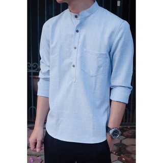 Áo Sơ Mi Đũi  Xanh Nhạt Cổ Chui Mẫu Mới Nhất 2019