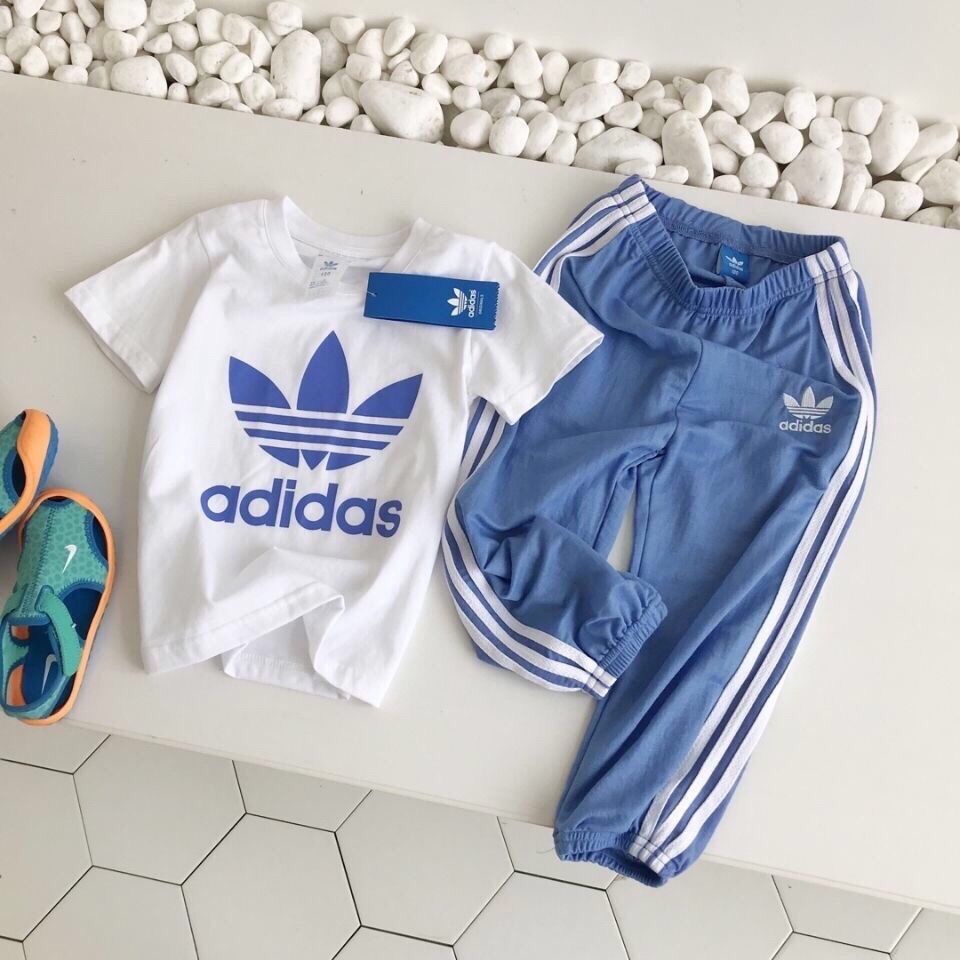 Bộ Đồ 2 Món Áo Thun Cotton Tay Ngắn Cổ Tròn + Quần Dài Adidas Thời Trang Cho Bé 2-13 Tuổi