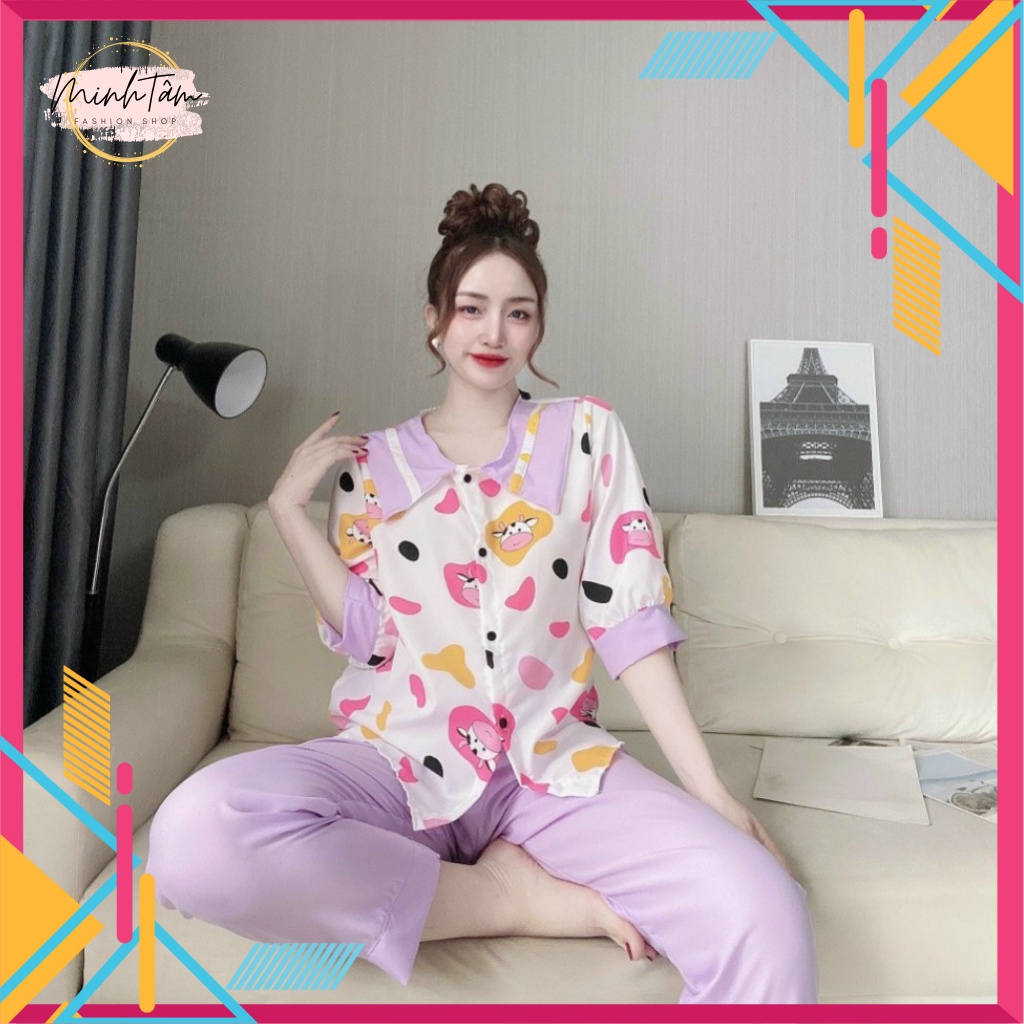 [Video+Ảnh thật] Đồ bộ nữ mặc nhà tiểu thư in hình dễ thương chất kate lụa mềm mịn