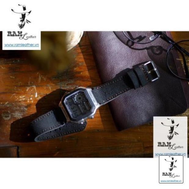 DÂY ĐỒNG HỒ DA BÒ THẬT CASIO AE1200/SEIKO5 RAM 1966 DA LỘN ĐEN-CHÍNH HÃNG RAM LEATHER ,