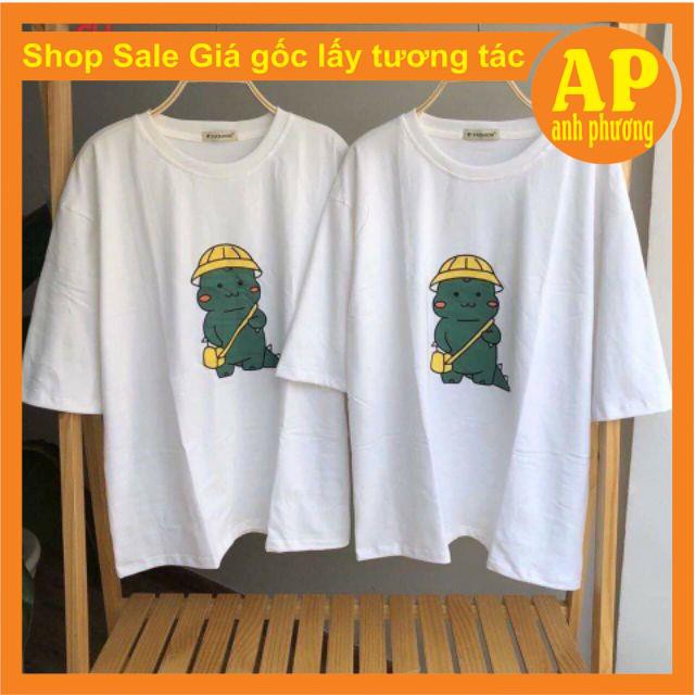 Áo phông khủng long đeo túiÁo phông thun trơn nam nữform thụng tay lỡ unisexmềm mịn freesizeco giãn 4 chiều