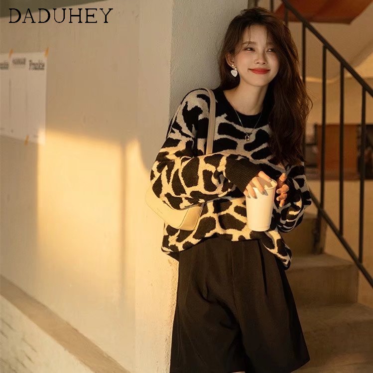 Áo Sweater Chui Đầu Dáng Rộng In Họa Tiết Da Báo Kiểu Nhật Bản Cá Tính Cho Nữ