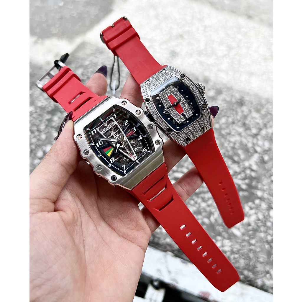 Đồng Hồ Nam Hanboro Automatic HBR983 , Dây Cao Su Màu Đỏ , Size 41x50mm fullbox