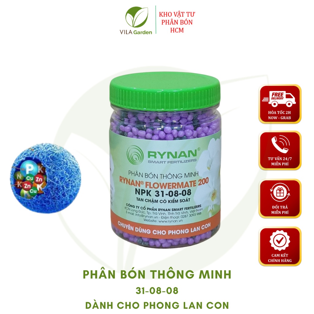 Phân Tan Chậm RYNAN FLOWERMATE 200 lọ 150g, Phân Bón Thông Minh NPK 31-08-08