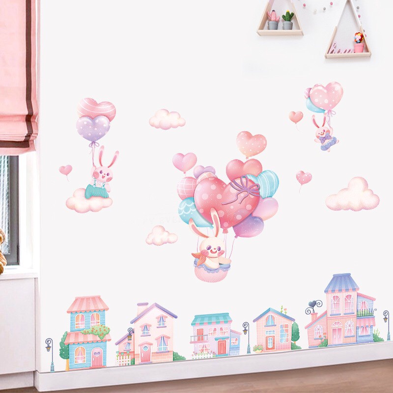 Decal giấy dán tường trang trí nhà - Thỏ hồng và khu nhà hồng đáng yêu